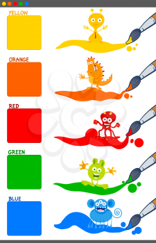 Cartoon Illustration of Basic Colors with Funny Fantasy Characters Educational Set for Preschool Children