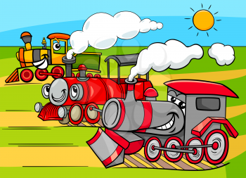 Cartoon Illustration of Funny Steam Engine Locomotive Railway Transport Characters Group