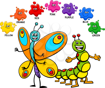 Cartoon Illustration of Basic Colors Educational Worksheet with Funny Butterfly and Caterpillar Insect Characters