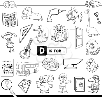 Black and White Cartoon Illustration of Finding Picture Starting with Letter D Educational Task Worksheet for Children Coloring Book