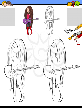 Cartoon Illustration of Drawing and Coloring Educational Activity for Children with Girl Character Playing Guitar