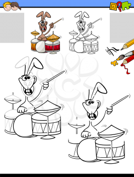 Cartoon Illustration of Drawing and Coloring Educational Activity for Children with Funny Rabbit Character Playing Drums