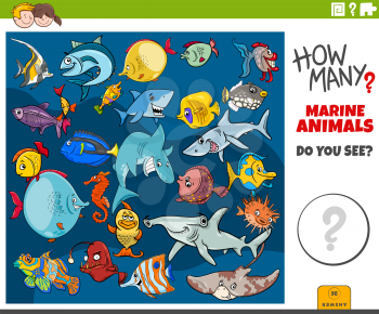 Illustration of Educational Counting Game for Children with Cartoon Funny Fish and Marine Animal Characters Group