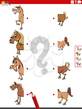 Cartoon illustration of educational game of matching halves of pictures with funny horses farm animal characters