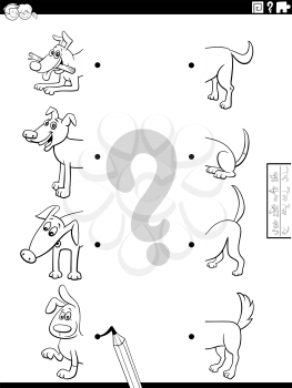Black and white cartoon illustration of educational game of matching halves of pictures with funny dogs animal characters coloring book page