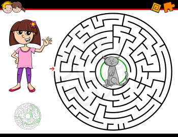 Cartoon Illustration of Education Maze or Labyrinth Activity Game for Children with Girl and Cat