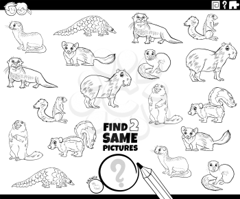 Black and White Cartoon Illustration of Finding Two Same Pictures Educational Game for Children with Funny Animal Characters Coloring Book Page