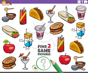 Cartoon Illustration of Finding Two Same Pictures Educational Task for Children with Food Objects