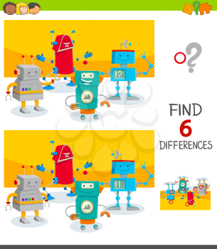 Cartoon Illustration of Finding Six Differences Between Pictures Educational Game for Children with Funny Robot Characters Group