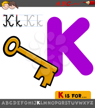 Educational Cartoon Illustration of Letter K from Alphabet with Key for Children 
