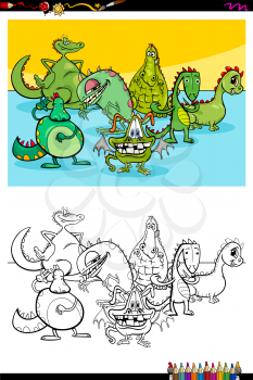 Cartoon Illustration of Funny Dragons Fantasy Characters Coloring Book Activity