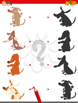 Cartoon Illustration of Find the Shadow Educational Game for Children with Funny Dogs and Puppies