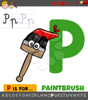 Educational Cartoon Illustration of Letter P from Alphabet with Plane with Comic Paintbrush for Children 