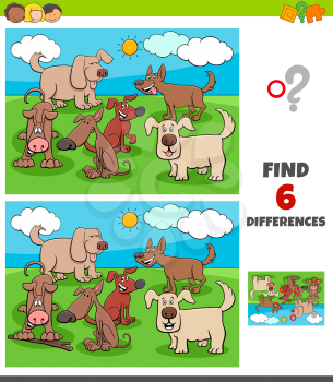 Cartoon Illustration of Finding Differences Between Pictures Educational Game for Children with Happy Dogs Pet Animal Characters