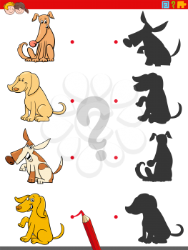 Cartoon Illustration of Match the Right Shadows with Pictures Educational Game for Children with Funny Dogs Animal Characters