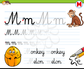 Cartoon Illustration of Writing Skills Practice with Letter M for Preschool and Elementary Age Children