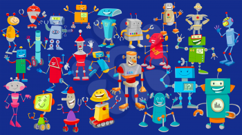 Cartoon Illustration of Funny Robots or Droids Fantasy or Science Characters Huge Group