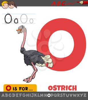 Educational Cartoon Illustration of Letter O from Alphabet with Ostrich Bird Animal Character for Children 