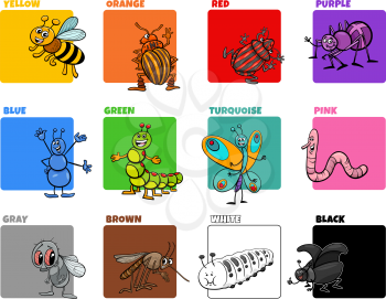 Cartoon Illustration of Basic Colors with Funny Insects Animal Characters Educational Set for Children