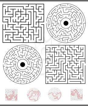 Illustration of Black and White Mazes Leisure Games Set with Solutions