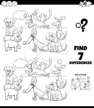 Black and White Cartoon Illustration of Finding Differences Between Pictures Educational Game for Children with Dogs Characters Group Coloring Book Page