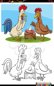 Cartoon illustration of rooster and hen with egg coloring book page