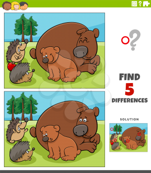 Cartoon illustration of finding the differences between pictures educational game for children with bears and hedgehogs