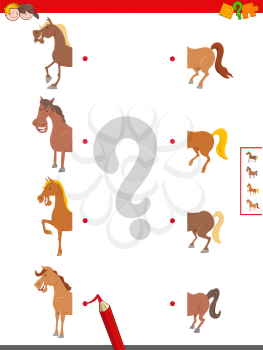 Cartoon Illustration of Educational Game of Connecting Halves of Horses Animal Characters