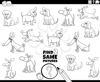 Black and White Cartoon Illustration of Finding Two Same Pictures Educational Activity Game for Children with Dogs and Puppies Animal Characters Coloring Book Page