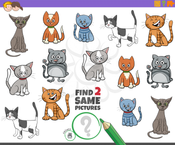 Cartoon Illustration of Finding Two Same Pictures Educational Activity Game for Children with Cats and Kittens Animal Characters
