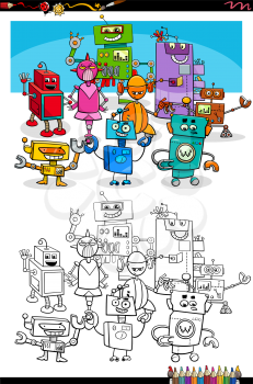 Cartoon Illustration of Funny Robots Fantasy Characters Group Coloring Book Page