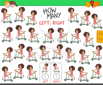 Cartoon Illustration of Educational Task of Counting Left and Right Oriented Pictures of Girl on Scooter