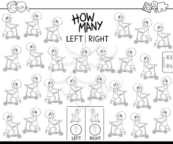Black and White Cartoon Illustration of Educational Task of Counting Left and Right Oriented Pictures of Girl on Scooter Coloring Book
