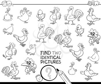 Black and White Cartoon Illustration of Finding Two Identical Pictures Educational Game for Children with Hens and Roosters Chicken Farm Animal Characters Coloring Book
