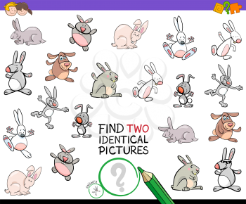 Cartoon Illustration of Finding Two Identical Pictures Educational Game for Children with Rabbits and Bunnies Characters