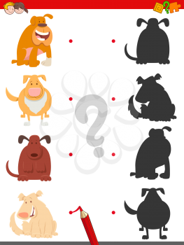 Cartoon Illustration of Find the Right Shadow Educational Task for Children with Cute Dogs and Puppies Animal Characters