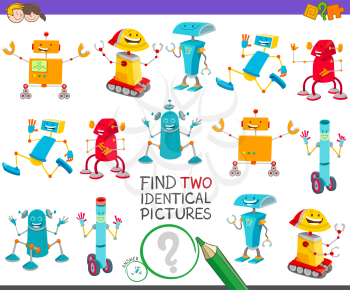 Cartoon Illustration of Finding Two Identical Pictures Educational Game for Children with Cute Robot Characters