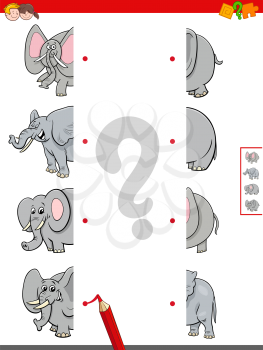 Cartoon Illustration of Educational Game of Matching Halves of Elephants Animal Characters