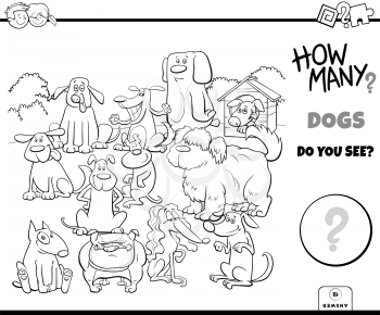Black and White Illustration of Educational Counting Game for Children with Cartoon Dogs Animal Characters Group Coloring Book Page