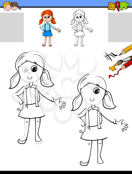 Cartoon Illustration of Drawing and Coloring Educational Activity for Children with Cute Girl Character