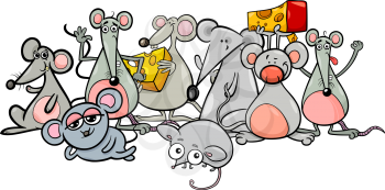 Cartoon Illustration of Cute Mice Characters Group with Cheese