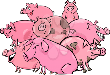 Cartoon Illustration of Happy Pigs Farm Animal Characters Group