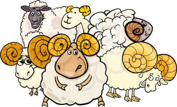 Cartoon Illustration of Ram or Sheep Farm Animal Characters