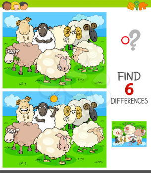 Cartoon Illustration of Finding Six Differences Between Pictures Educational Game for Children with Sheep Farm Animal Characters