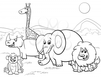 Black and White Cartoon Illustration of Wild Safari Animals Comic Characters Group Coloring Book Page