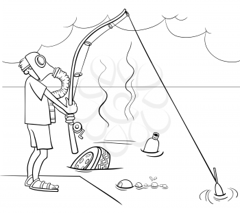 Black and white cartoon illustration of not very smart guy fishing in the sewage coloring book page