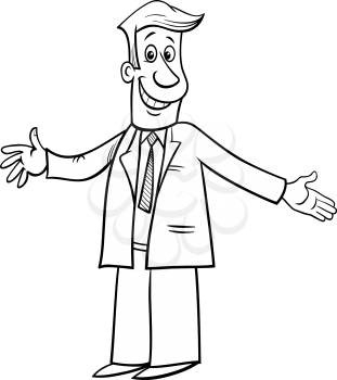 Black and White Cartoon Illustration of Happy Businessman or Man Character with Open Arms