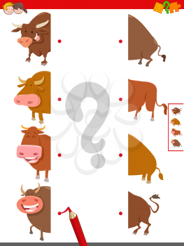 Cartoon Illustration of Educational Game of Matching Halves of Bulls Farm Animal Characters
