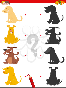 Cartoon Illustration of Find the Shadow Educational Game for Children with Cute Dogs and Puppies Animal Characters