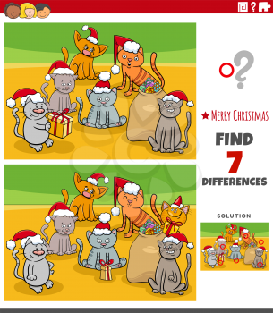 Cartoon Illustration of Finding Differences Between Pictures Educational Game for Children with Comic Kittens Group on Christmas Time